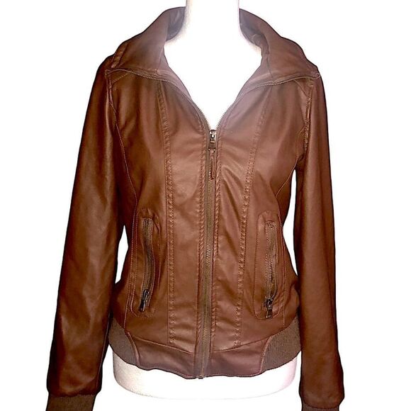 New Look Jackets & Blazers - A new look Brown hooded leather jacket polyester lining & Sherpa hood Size small